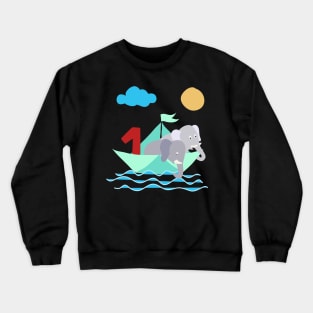 Elephants In Paper Boat Sea 1 Year Birthday Crewneck Sweatshirt